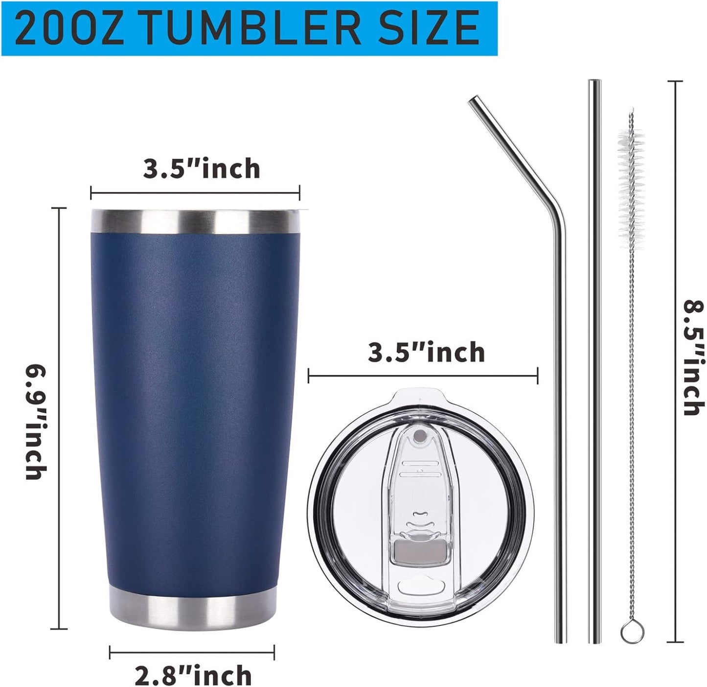 Pandance 20oz Stainless Steel Insulated Tumblers with Lid and Straw Bulk, Double Wall Vacuum Water Cups for Hot & Iced Coffee Drinks Travel Mug (Navy Blue, 12 pack)