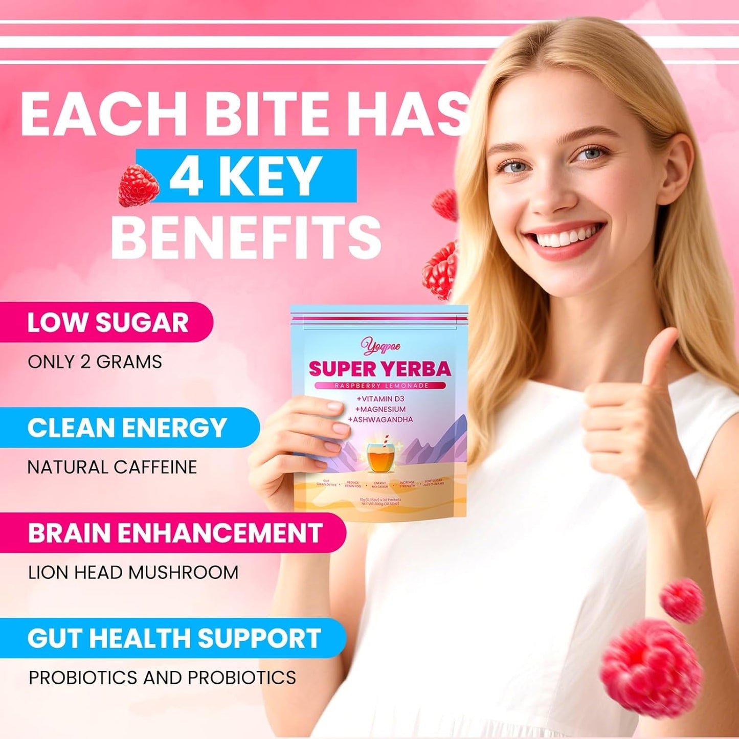 30 Servings Super Yerba Packets，Yerba Mate Instant Tea Powder，Super Yerba Raspberry Lemonade Flavor，Energy Boost,Mental Clarity and Gut Health by Ashwagandha, Prebiotics and Probiotics (2)