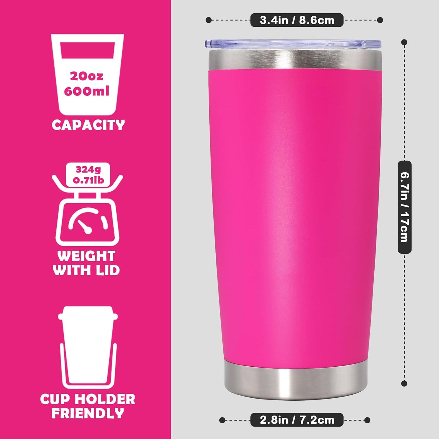 20oz Tumbler Stainless Steel Tumbler Cup with Lid Vacuum Insulated Double Wall Travel Mug, Durable Powder Coated Travel Coffee Tumbler Mug for Hot & Cold Drinks, Hot Pink,1 Pack