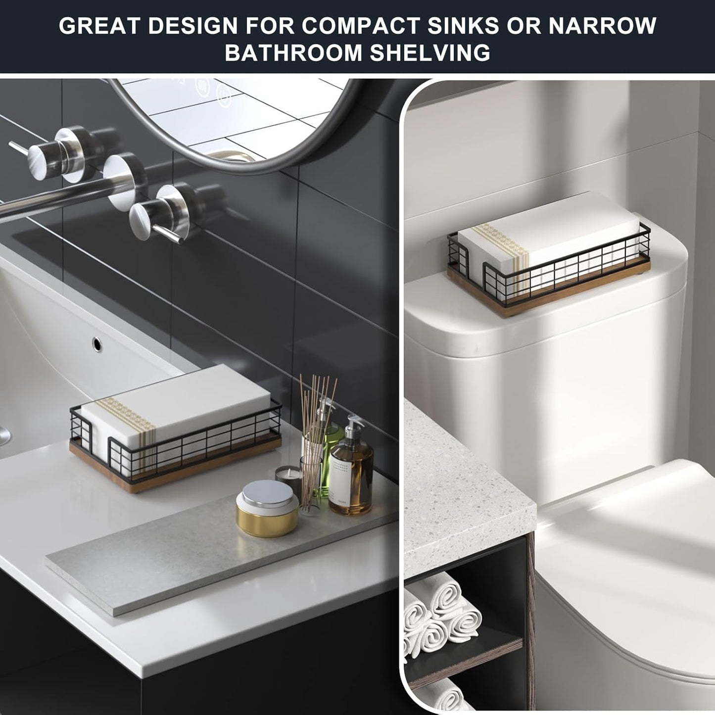 Wican Guest Towel Holder Tray for Bathroom, Oak and Iron Napkins Holder for Powder Room Dinning Table Wooden Basket for Disposable Paper Hand Towels Black and Brown