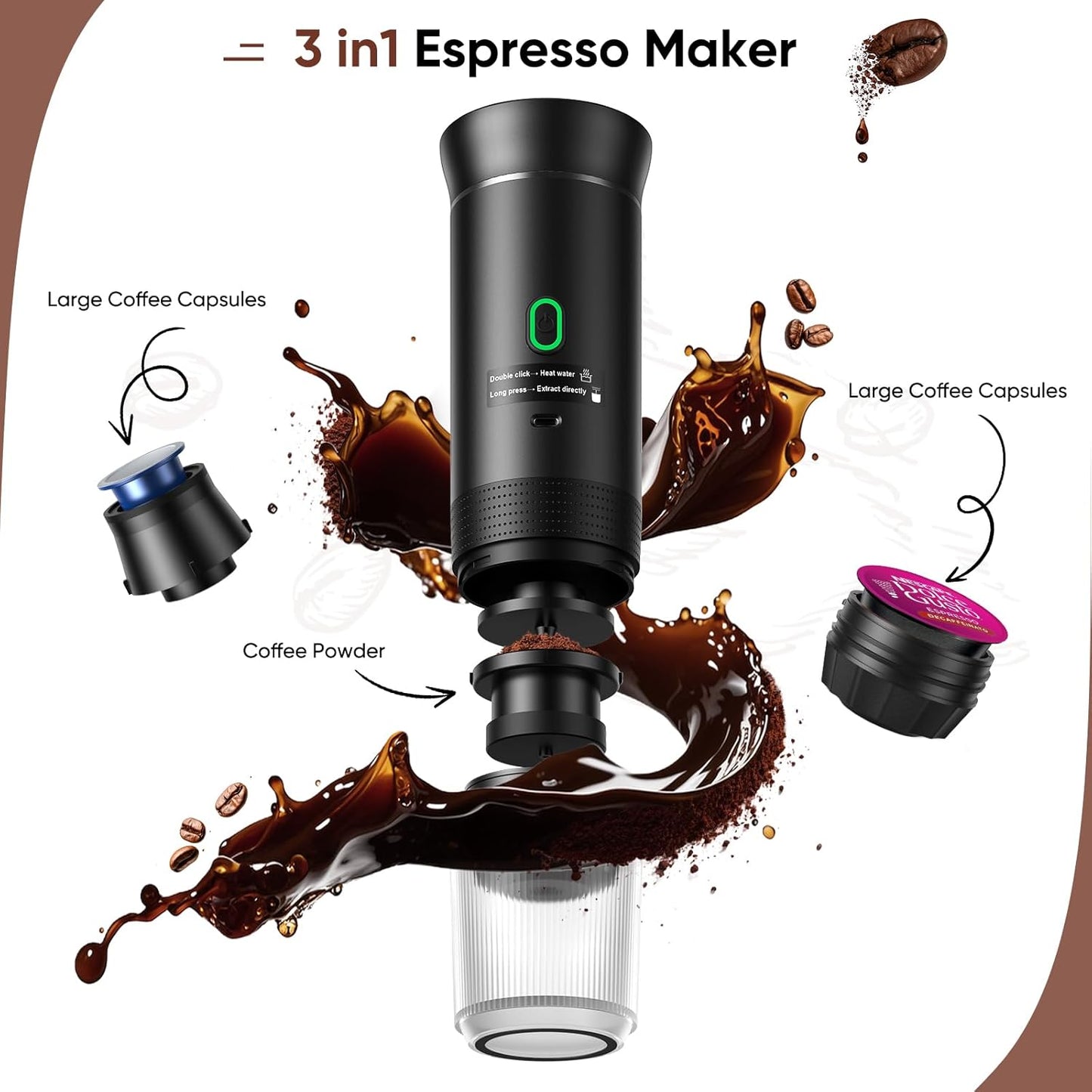 Portable Espresso Machine, Travel Coffee Machine for Camping, Car Self-Heating Coffee Maker with USB-C,Compatible With Ground Coffee & NS Capsules, Portable Espresso Maker for RV, Home, Hiking