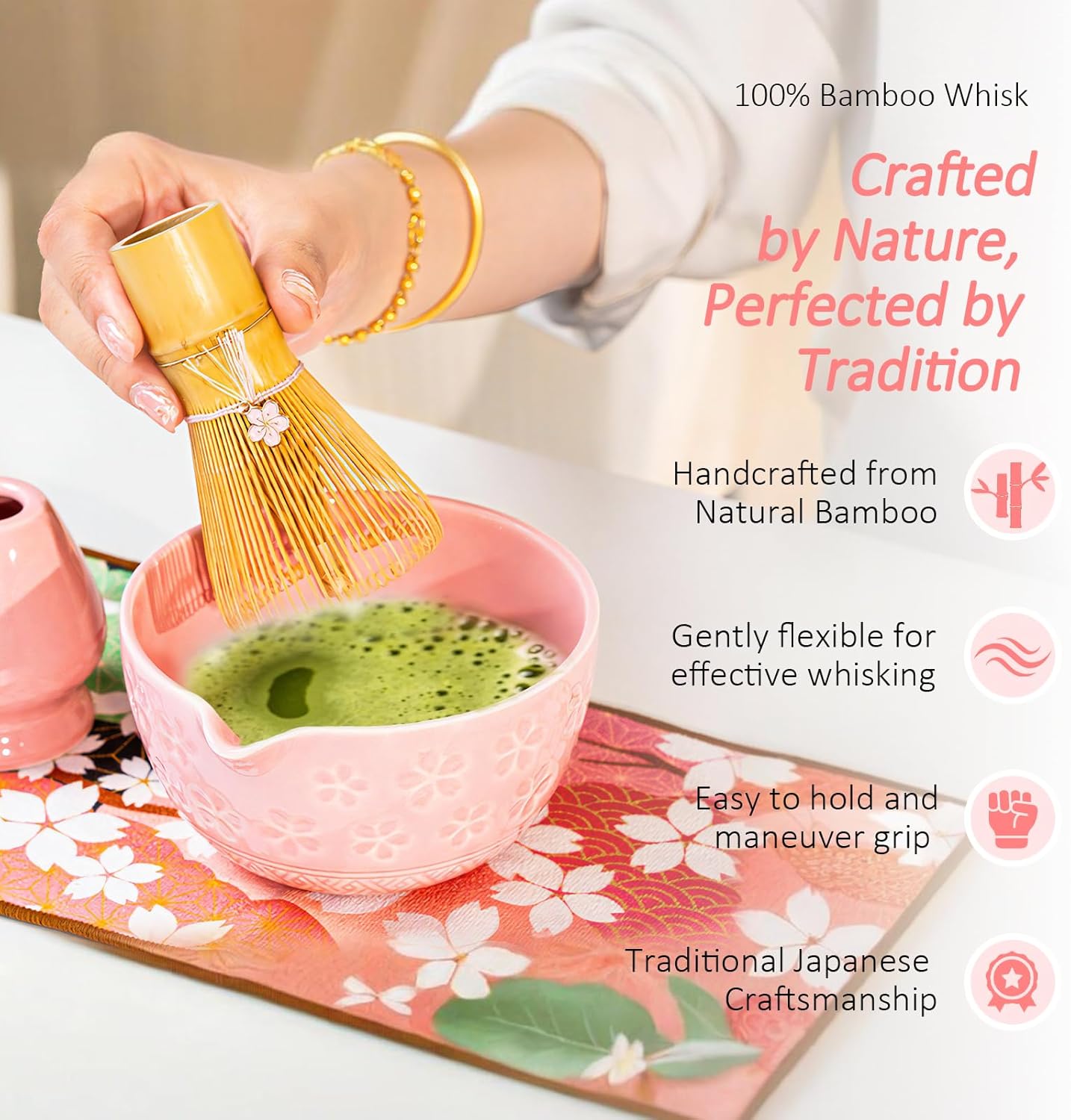 8 Pcs Matcha Whisk Set: Pink Matcha Tea Set Includes Ceramic Bowl, Whisk and Holder, Bamboo Scoop, Scoop Rest, Sifter and Tea Towel - Matcha Making Kit for Matcha Lovers