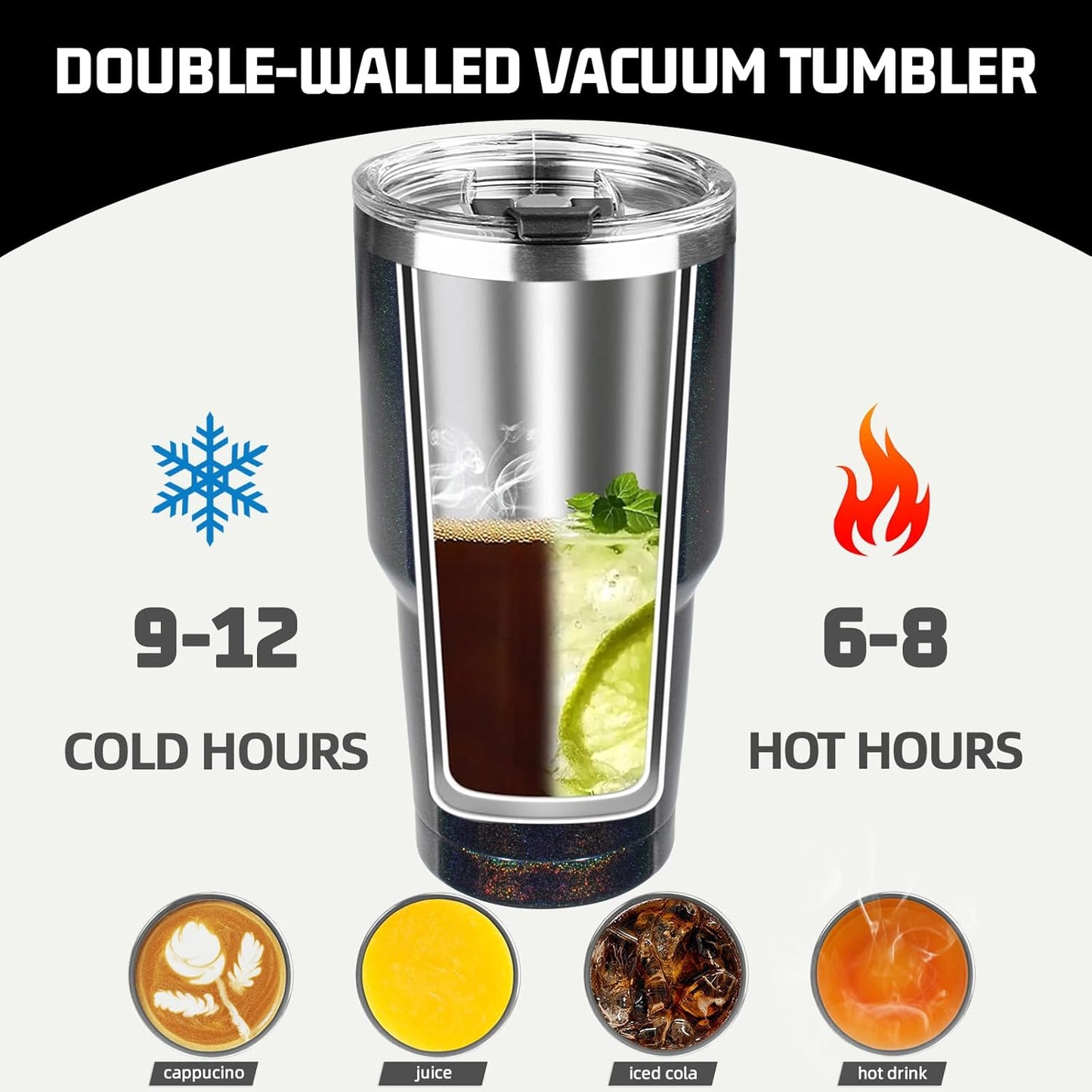 30 oz Tumbler with Lids and Straws, Stainless Steel Insulated Coffee Tumbler, Double Wall Vacuum Insulated Travel Mug Cup, Leakproof Thermal Coffee Cup for Hot and Cold Drinks (Glitter Black)