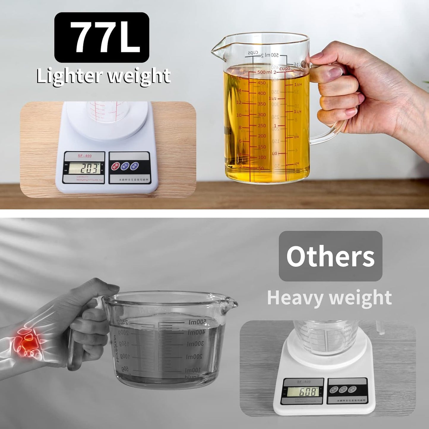 77L Glass Measuring Cup, [Double-Sided Measuring Scale, Insulated handle, V-Shaped Spout], High Borosilicate Glass Measuring Cup for Kitchen or Restaurant, Easy To Read, 500 ML (0.5 Liter, 2 Cup)