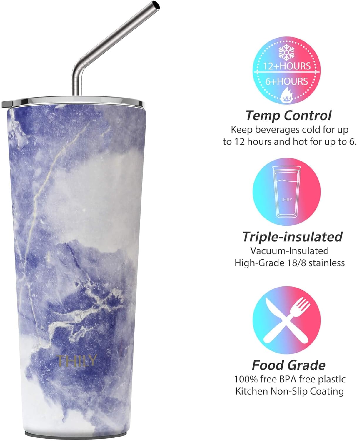 THILY Stainless Steel Vacuum Insulated Tumbler 26 oz Triple-Insulated Travel Mug with Splash-Proof Lid, for Iced Coffee and Hot Beverage, Gold Marble + Blue Marble