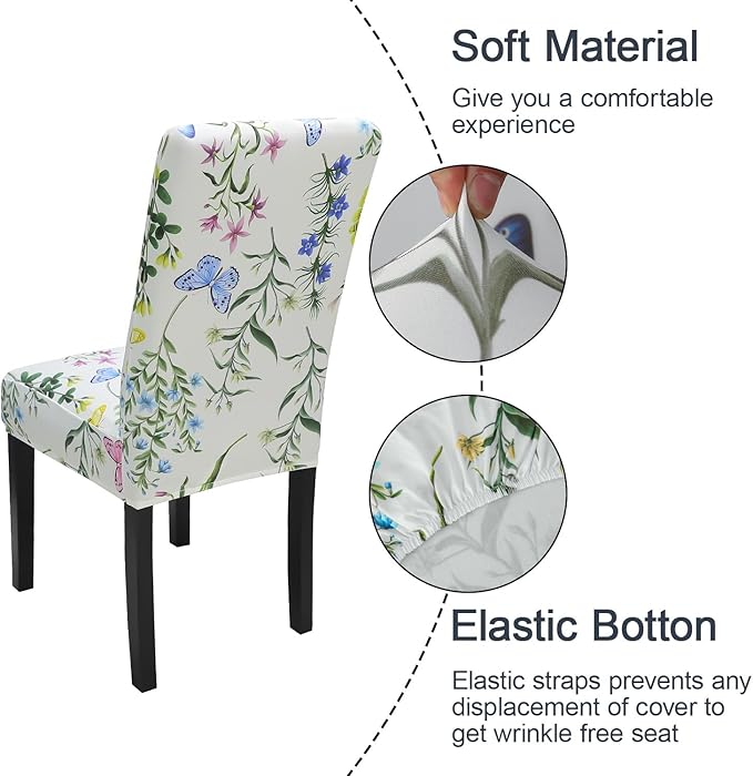 JQinHome Pattern Chair Covers for Dining Room Set of 6, High Stretch Removable Washable Parsons Chair Slipcover for Home Party Hotel Wedding Ceremony (Flowering Butterflies,6PCS)
