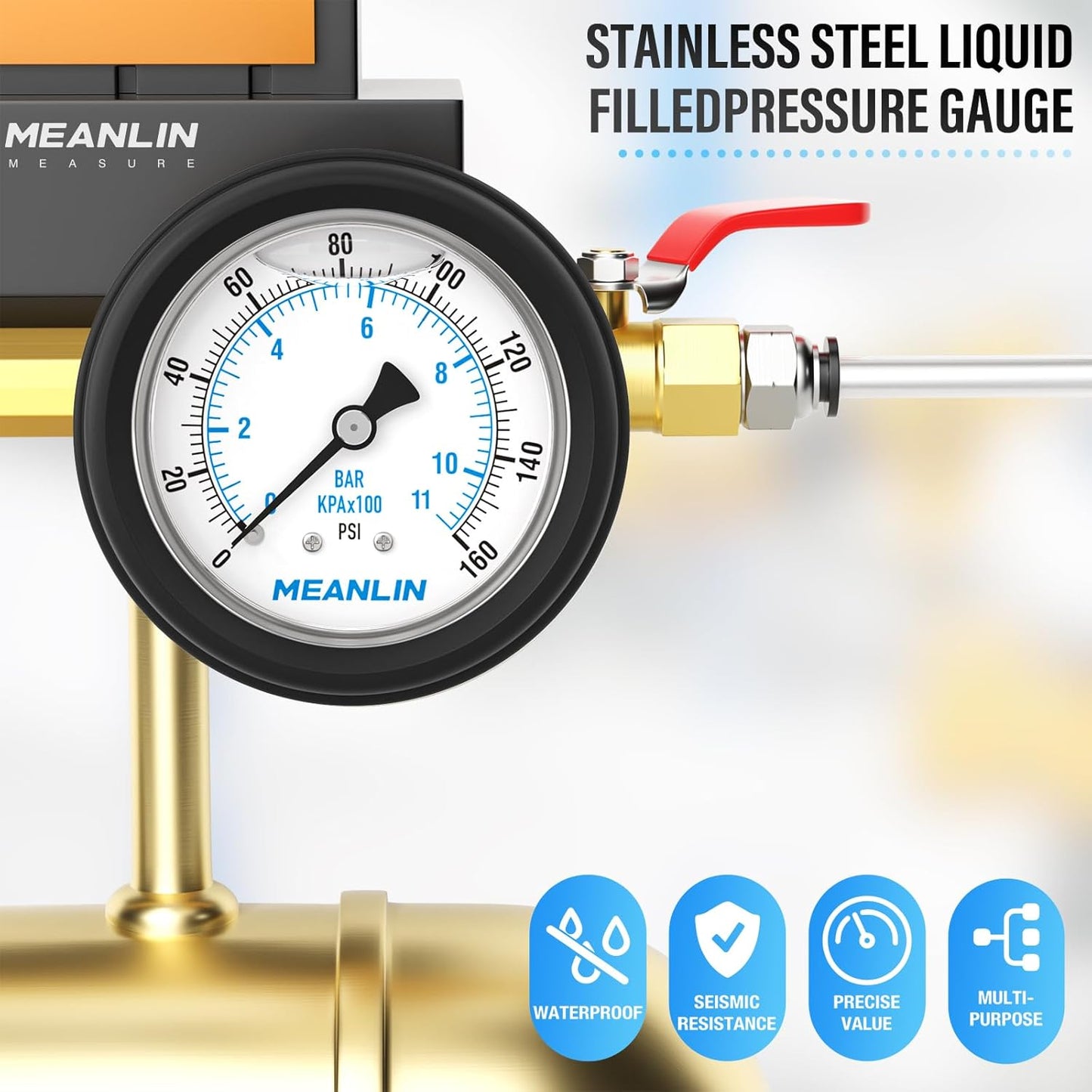 MEANLIN MEASURE 0~160Psi Stainless Steel Liquid Filled Pressure Gauge 1/4" NPT 2.5" FACE DIAL with Rubber Protective Sleeve, Center Back Mount