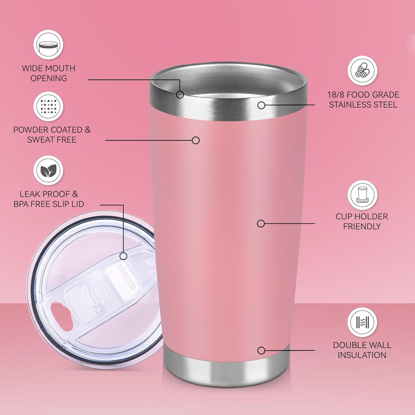 20 oz Tumbler Stainless Steel Tumblers Bulk with Lid Double Wall Insulated Coffee Tumbler Cups for Hot & Cold Drinks Powder Coated Travel Coffee Tumbler Mug Metal (Rose Pink, 12 pack)