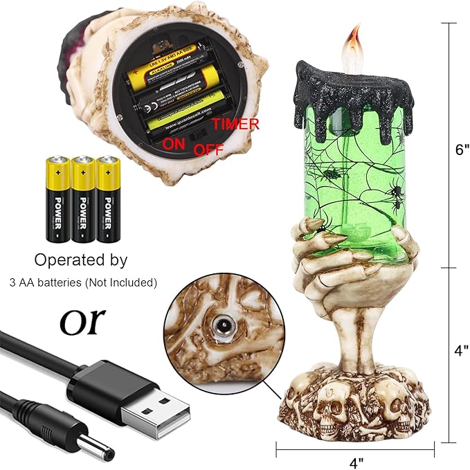 Eldnacele Halloween Snow Globe Candles Lighted Lamp USB Powered Battery Operated Spooky Spinning Water Glittering Tornado Flameless Candles Skeleton Hand Holder Halloween Centerpiece Decor(Spider)