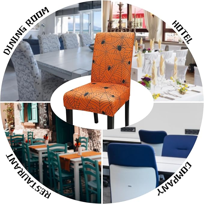 JQinHome Halloween Orange Dining Chair Slipcover, Spider Web Chair Covers Set of 4 ，High Stretch Washable Chair Protector Cover for Dining Room, Kitchen,Home Party,Wedding Ceremony(Orange, 4PC)