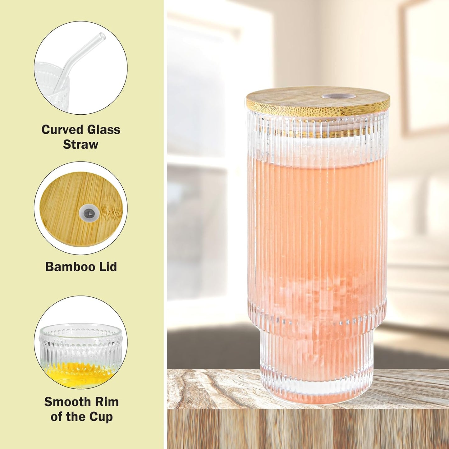 11oz Glass Tumbler with Straw and Lid Ribbed Vintage Iced Coffee Glasses for Tea Soda Cocktail Smoothie(Ribbed*2)