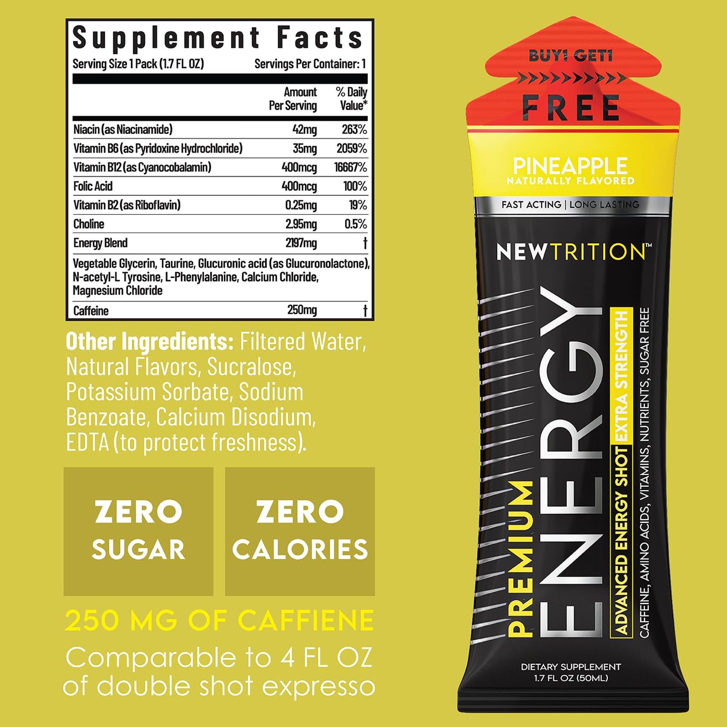 NewTrition® Extra Strength Energy Shots, 250mg Caffeine Energy Shots with Vitamin B & Amino Acids, Sugar-Free Vitamin Energy Shot, 1.7 fl oz (Pack of 6, Pineapple)