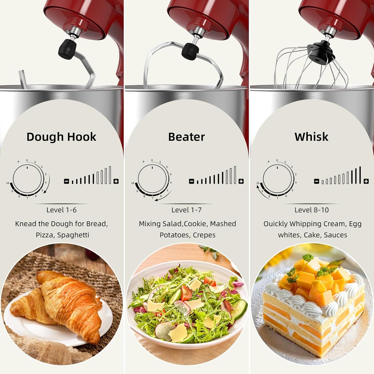 Electric Stand Mixer,10 Speeds Tilt-Head Food Mixer, 3-IN-1 Kitchen Mixer for Daily Cooks with Dishwasher-Safe 6 QT Bowl,Dough Hook, Beater, Whisk (Empire Red)