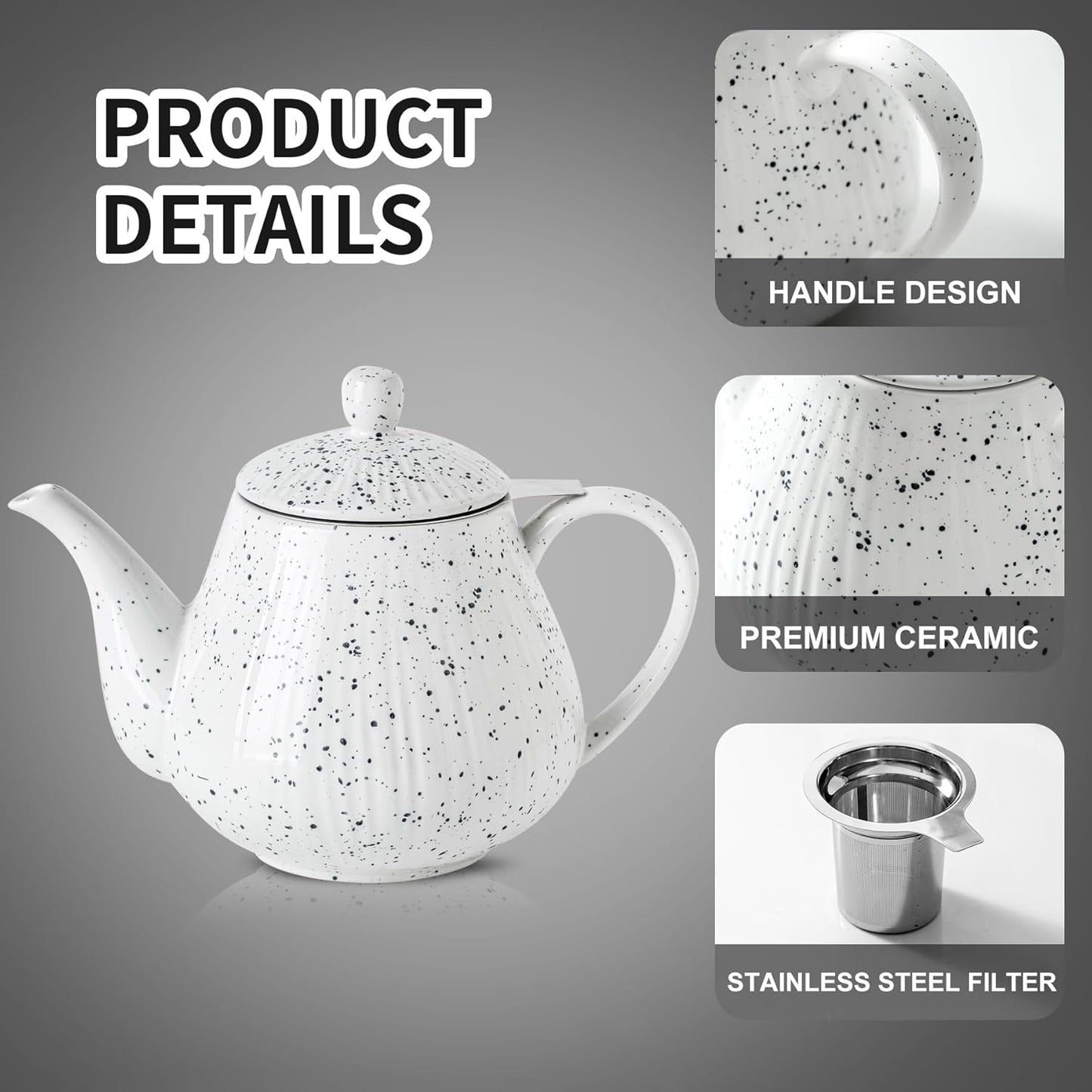 KOOV Ceramic Teapot with Infuser, 40 ounce Tea Pot with Infuser for Loose Tea, Large Enough For 6 Cups, Tea Pot with Tea Strainers, Splash Series (Splashed White)
