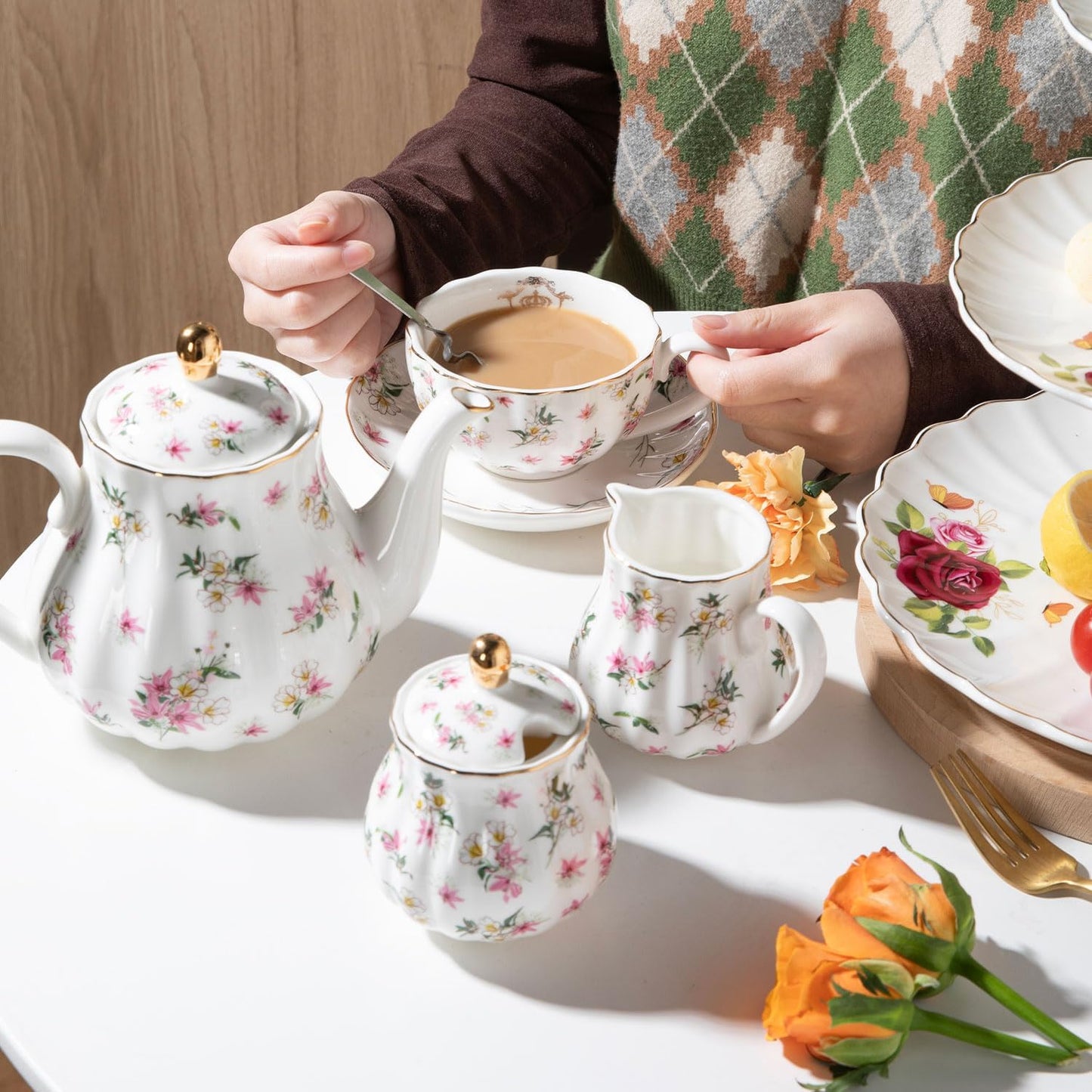 Porcelain Tea Sets British Royal Series, 8 OZ Cups & Saucer Service for 6, with Teapot Sugar Bowl Cream Pitcher Teaspoons and Tea Strainer, Suitable for High Tea, Wedding, Party（Spring Flowers）
