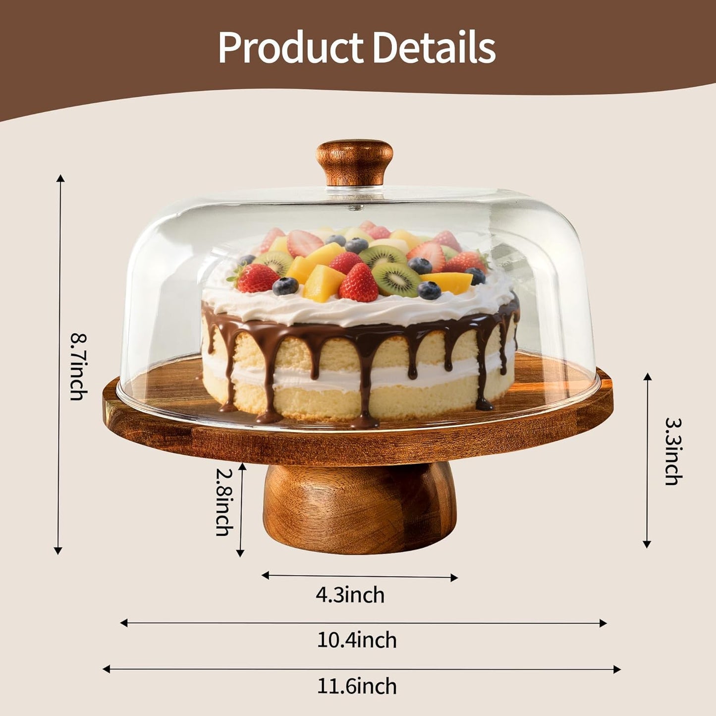 Wood-Cake-Stand With Acrylic Dome Lid, Round Wooden Cake Holder Plate With Cover, 2-in-1 Dessert Table Display Set For Party, Charcuterie Board For Cheese, Chips & Dips, Nachos, Fruit Platter