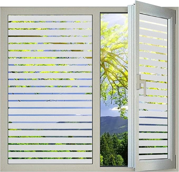 Window Privacy Film with Installation Tools, Stripe Window Film, Static Cling, Anti UV, Heat Control, Ideal for Home Shower Office Glass Door (Stripes Pattern, 29.6X78.7Inch)
