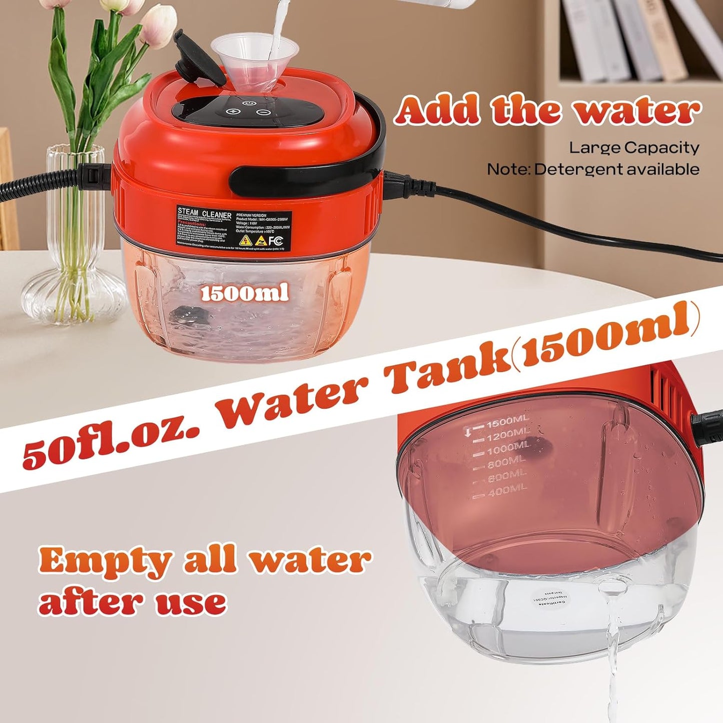 Moongiantgo Handheld Steam Cleaner 2500W High Pressure 1.5L Steamer for Cleaning, Portable Steam Cleaner for Home Kitchen Bathroom, Steam Cleaner for Car Detailing Grout Tile (Red)