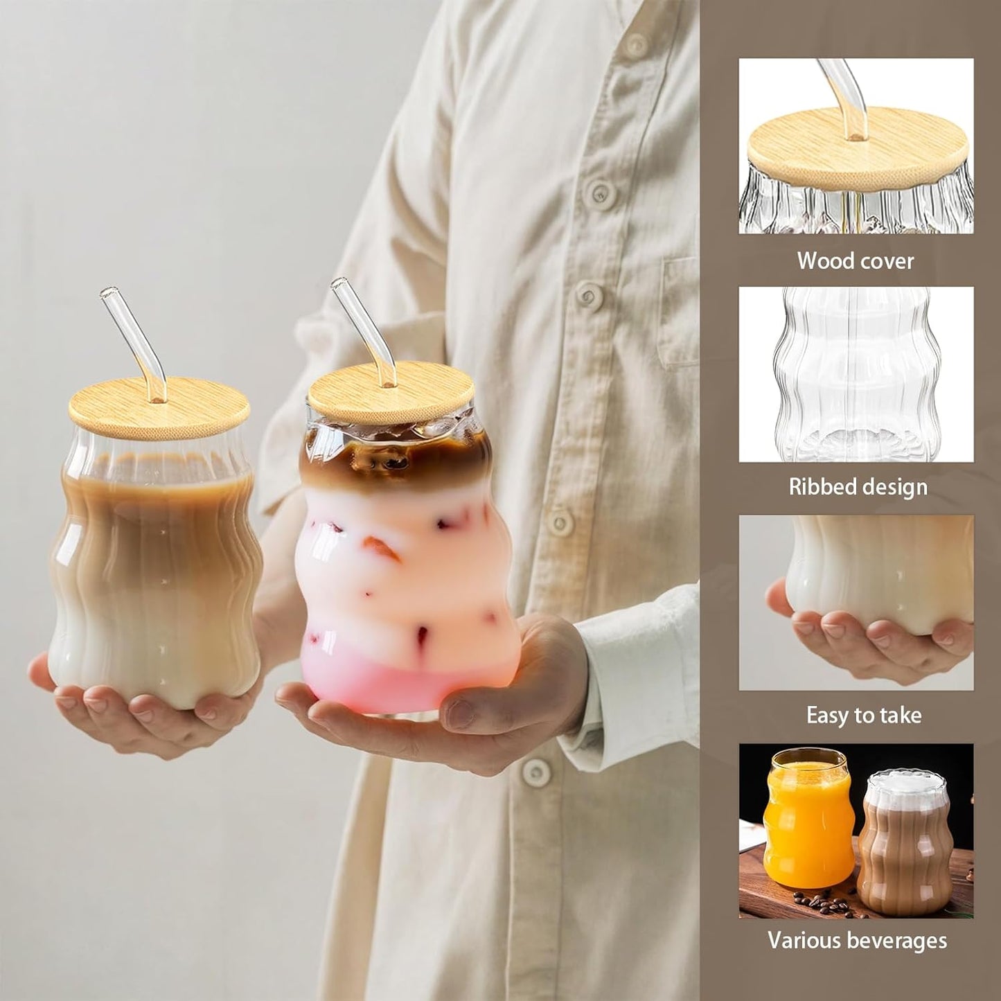 2 PCS Ribbed Cute Glass Cups,18 Oz Iced Coffee Glasses with Lids and Straws Iced Coffee Cups Glass