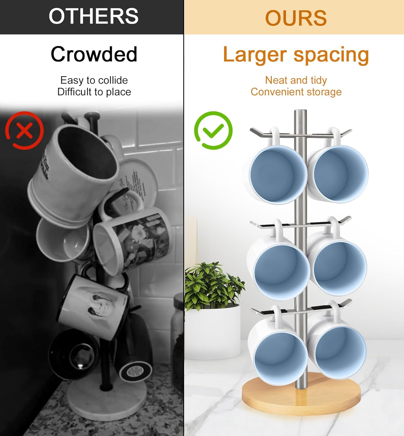 Mug Holder Tree, Coffee Cup Holder for Countertop, 6 Hooks Mug Tree, Coffee Mug Rack, Metal Mug Stand(Brushed Nickel)