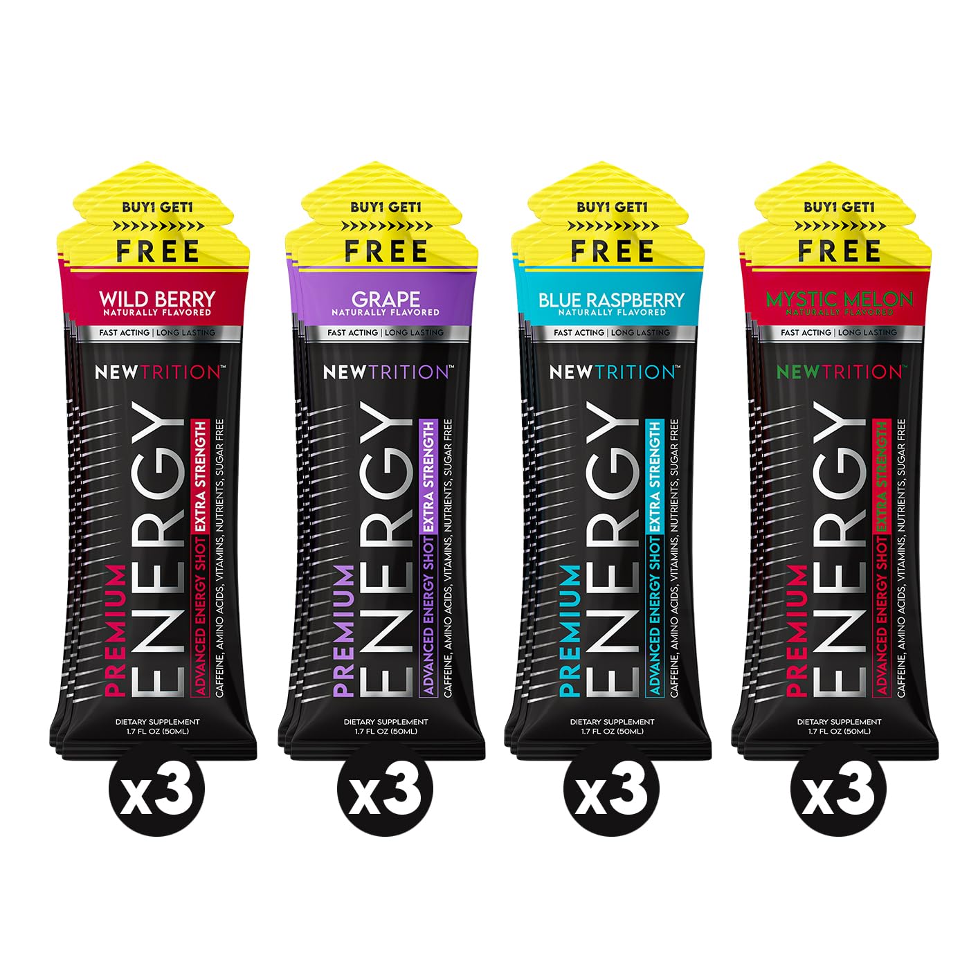 NewTrition® Extra Strength Energy Shots, 250mg Caffeine Energy Shots with Vitamin B & Amino Acids, Sugar-Free Vitamin Energy Shot, 1.7 fl oz (Pack of 12, 4 Flavors-Mixed-1)