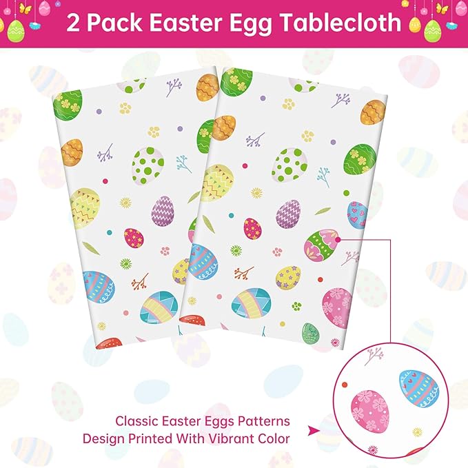 2 Pack Easter Tablecloth - Colorful Easter Eggs Table Cloth, Plastic Disposable Rectangle Spring Easters Egg Table Cover for Easters Tables Decorations and Party Supplies Decor Favors, 108 x 54 Inch