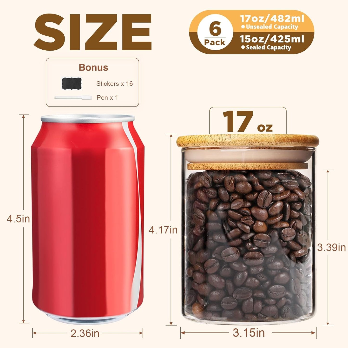 17oz Glass Food Storage Jars, Glass Jars with Bamboo Lids, Kitchen Storage Jars, Set of 12, Canisters with Airtight Lids for Spice, Coffee, Cookie, Pantry Organizers