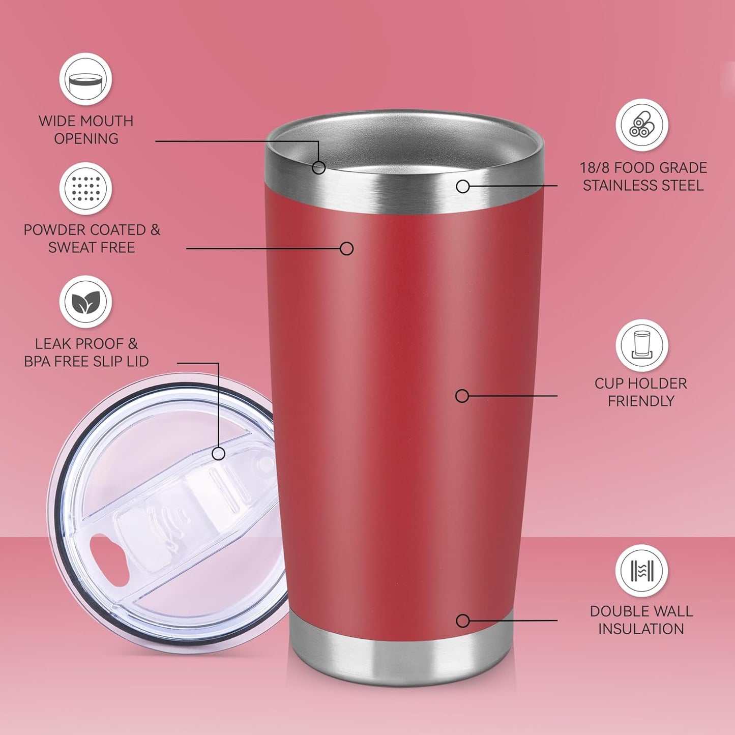 20 oz Tumbler Stainless Steel Tumblers Bulk with Lid Double Wall Insulated Coffee Tumbler Cups for Hot & Cold Drinks Powder Coated Travel Coffee Tumbler Mug Metal (Red, 12 pack)