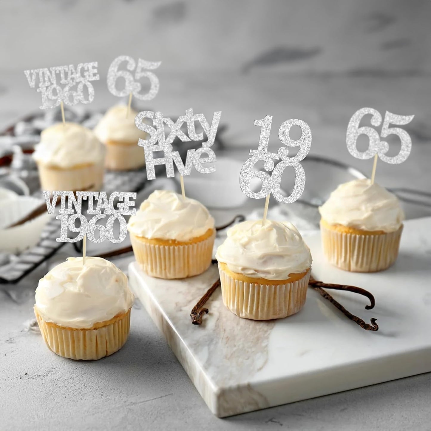 Gyufise 24Pcs 65th Birthday Cupcake Toppers Glitter Cheers to 65 Fabulous Sixty Five Vintage 1960 Cupcake Picks 65th Birthday Wedding Anniversary Party Cake Decorations Supplies Silver