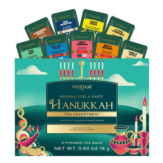VAHDAM, Limited Edition - Hanukkah Tea Gift Basket | 9 Delicious Variety Pyramid Tea Bags | Perfect Hanukkah Gift for Friends and Family