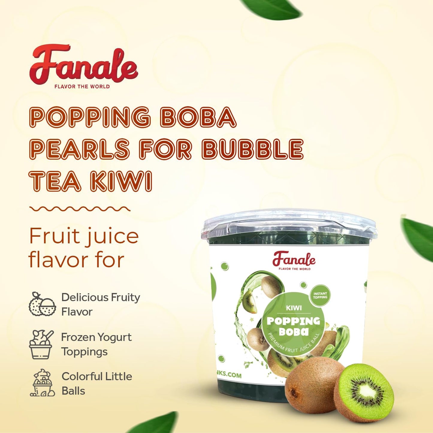 Fanale Kiwi Popping Boba Pearls, Vegan, Non GMO, Gluten Free, Fat Free, Perfect for Bubble Tea, Smoothies, Ice Cream, Desserts, and Beverages.