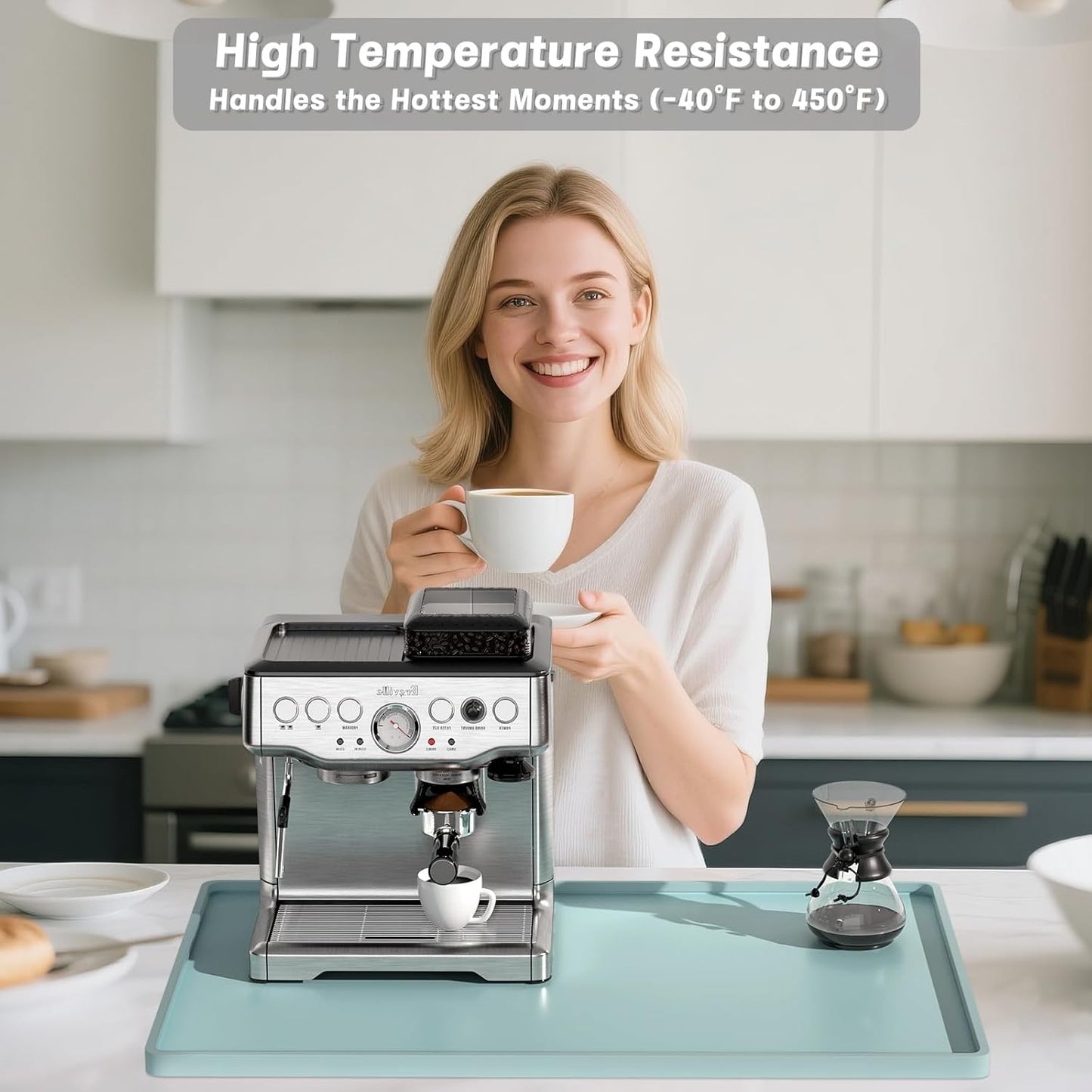 Rnivvi Silicone Coffee Mat, 16" x 24" Waterproof Raised Edge Coffee Bar Mats for Espresso Machine Station Accessories, Heat Resistant Dish Drying Pad for Kitchen Counter, Bar Decor Pad, Shadow Green