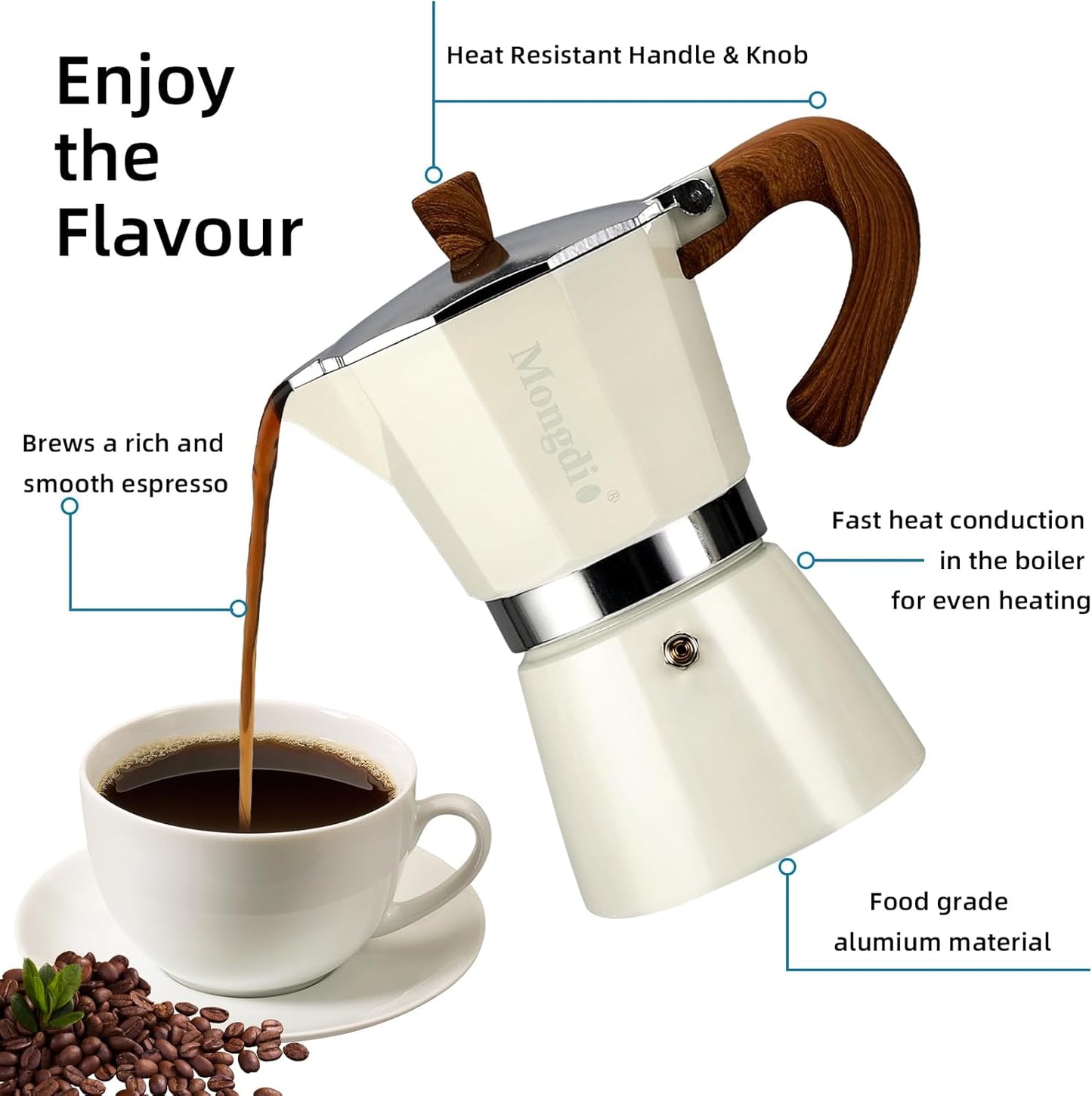 Mongdio Stovetop Espresso Maker Moka Pot, Cuban Coffee Maker Stove top coffee maker Moka Italian Espresso Greca Coffee Maker Brewer Percolator, 6 Espresso Cups, 10 oz - White