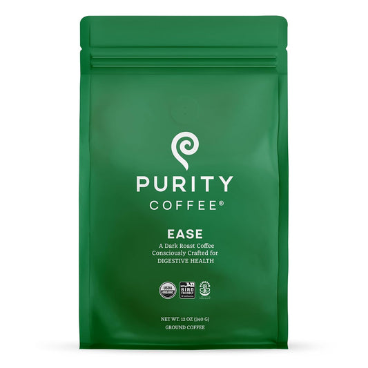 Purity Coffee EASE Dark Roast Ground Coffee for Low Acidity - USDA Organic and Third-Party Tested for Antioxidants, Mold, Mycotoxins and Pesticides - 12oz (Purity Ease, dark_roast) | Ground| EASE