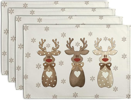 Christmas Reindeer Snowflakes Placemats Set of 4 Xmas Cute Elk Deer Place Mats 12x18 Seasonal Winter Holiday Farmhouse Linen Table Mats for Party Kitchen Dining Outdoor Indoor Decor