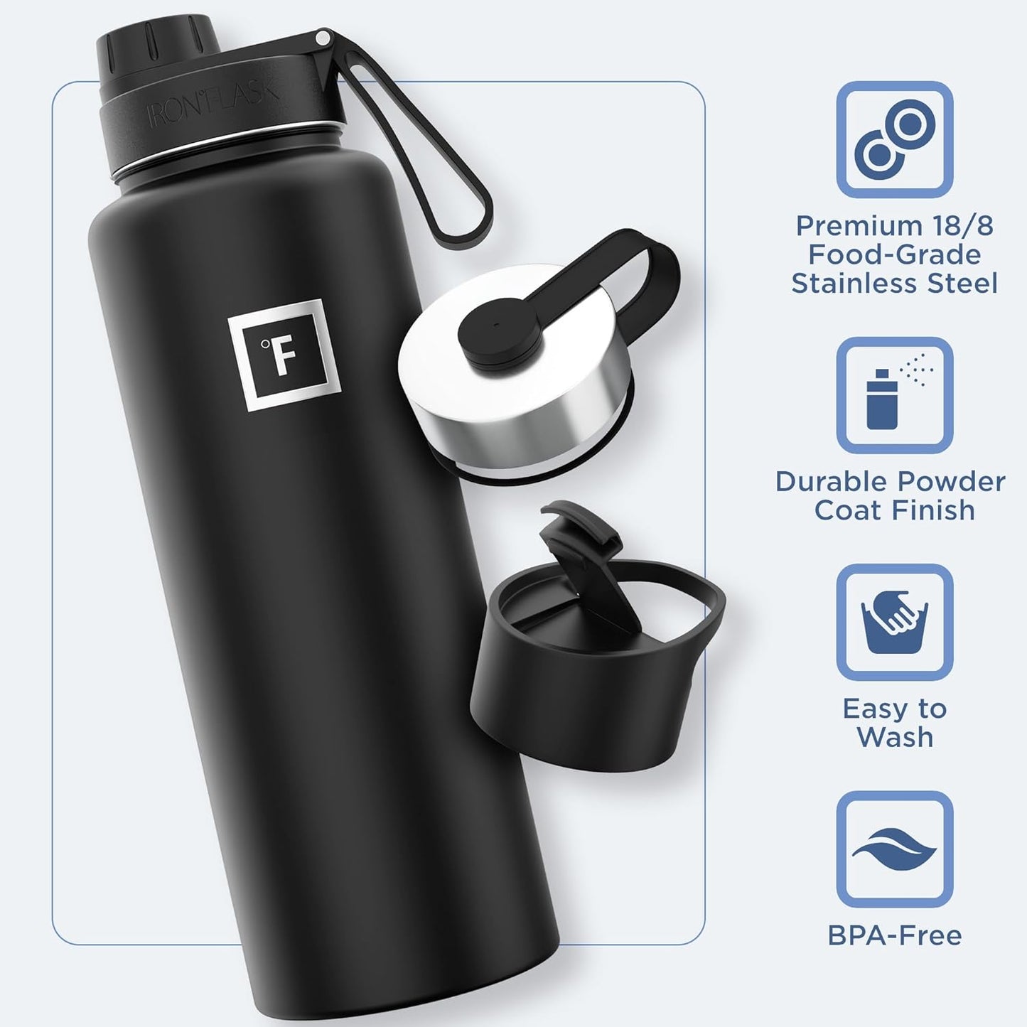 IRON °FLASK Camping & Hiking Hydration Flask with 3 Lids - Stainless Steel, Double Walled & Vacuum Insulated Water Bottle - Leak Proof & BPA Free (Aurora, Spout - 40 oz)