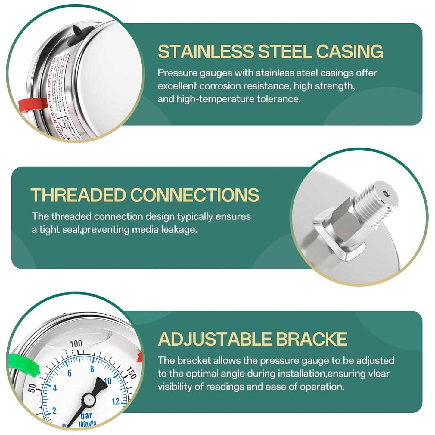 0-200PSI Stainless Steel Liquid Filled Pressure Gauge, 2.5" Dial Size, 1/4" NPT 316 Stainless Steel Joint, Back Mount, for Tube, Water Pump, Gas, Liquid (with Range Mark Pointer)