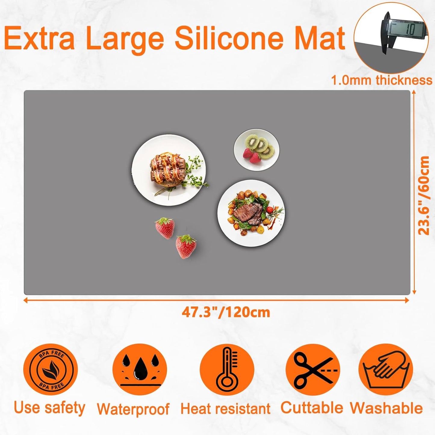 47.3''x23.6''(120cmx60cm) Extra Large Silicone Mat for Kitchen Counter, Heat Resistant Countertop Protector, Non-Slip Waterproof Kitchen Island Mat, Easy to Clean, Black