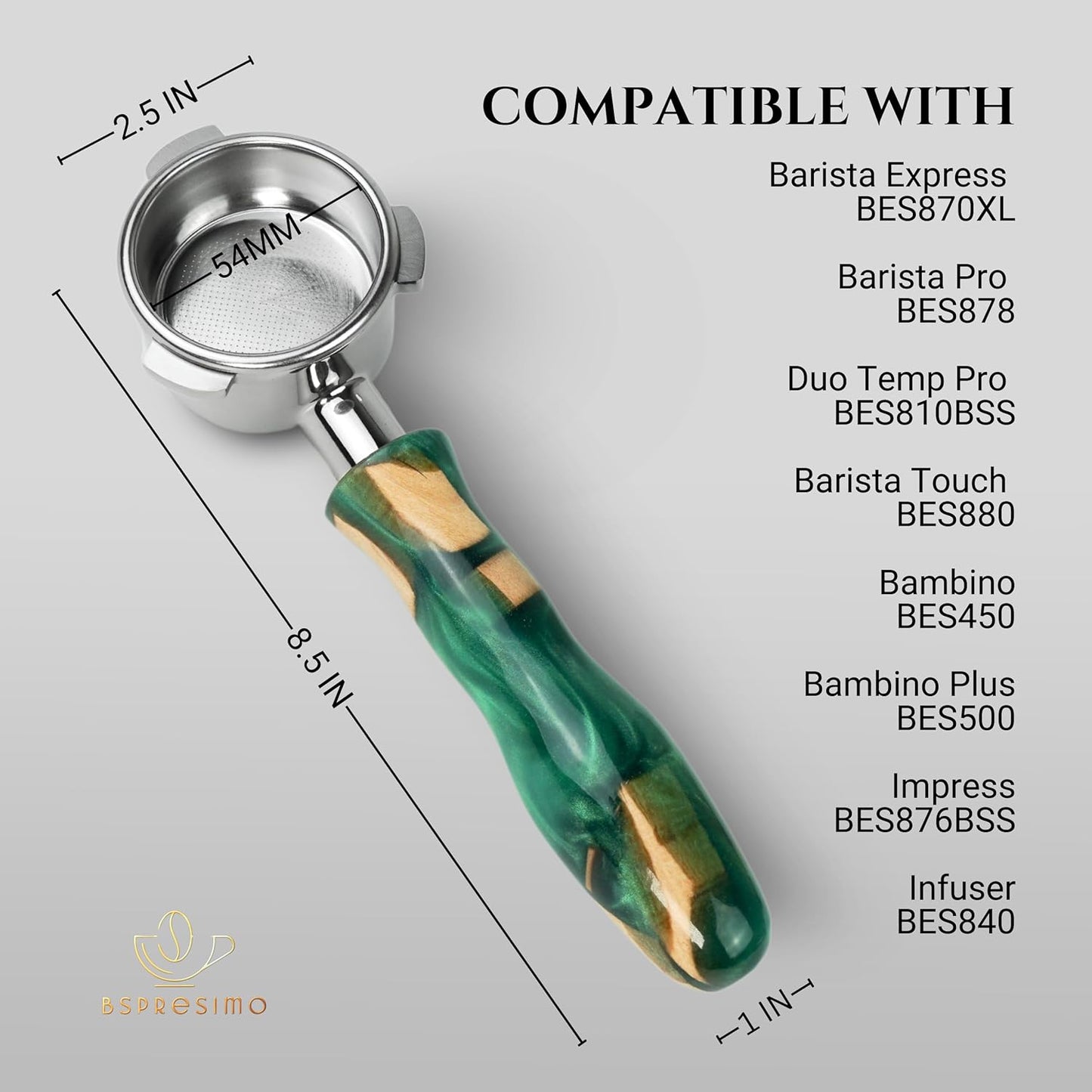 54mm Bottomless Portafilter Modern Handle – Includes Stainless Steel Naked Basket – Fits Breville Barista Express & 54mm Breville Espresso Machines - Espresso Machine Accessories – Green