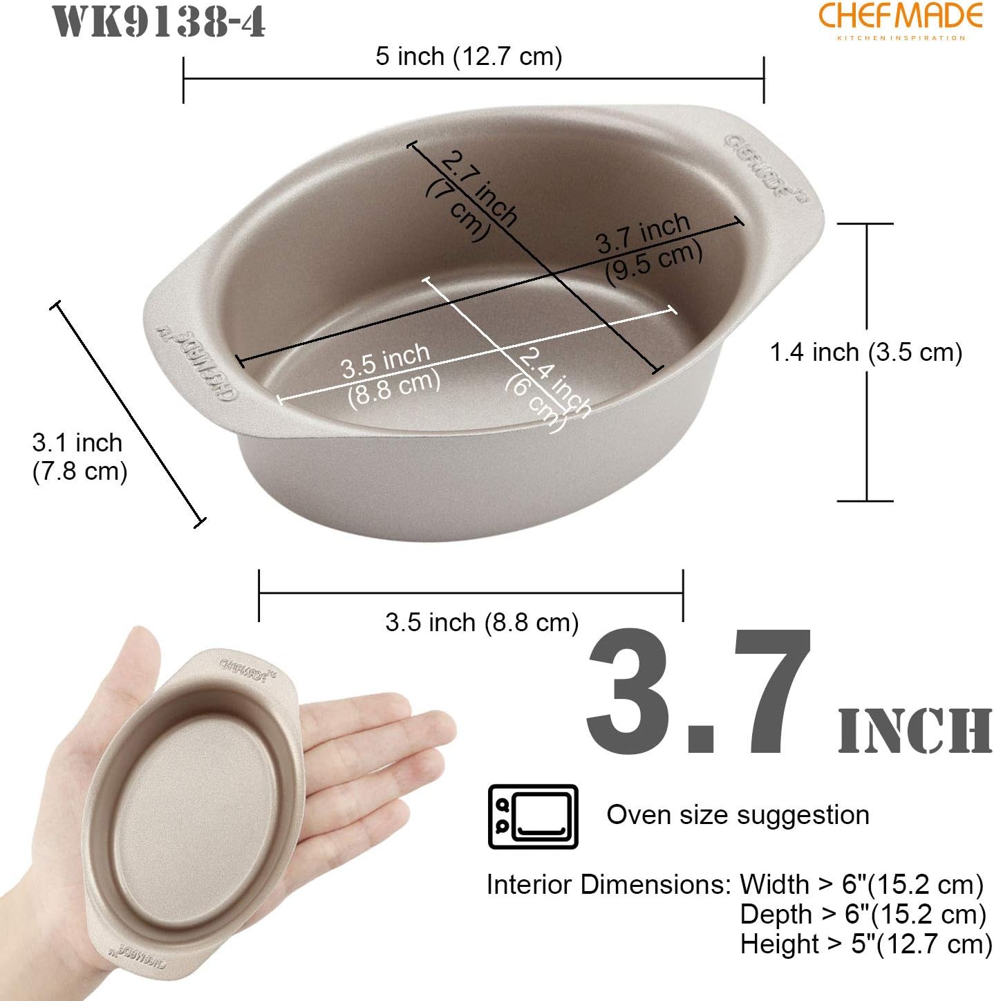 CHEFMADE Mini Cheese Cake Pan Set, 3.7-Inch 4Pcs Non-Stick Oval Cake and Loaf Bakeware for Oven and Instant Pot Baking (Champagne Gold)