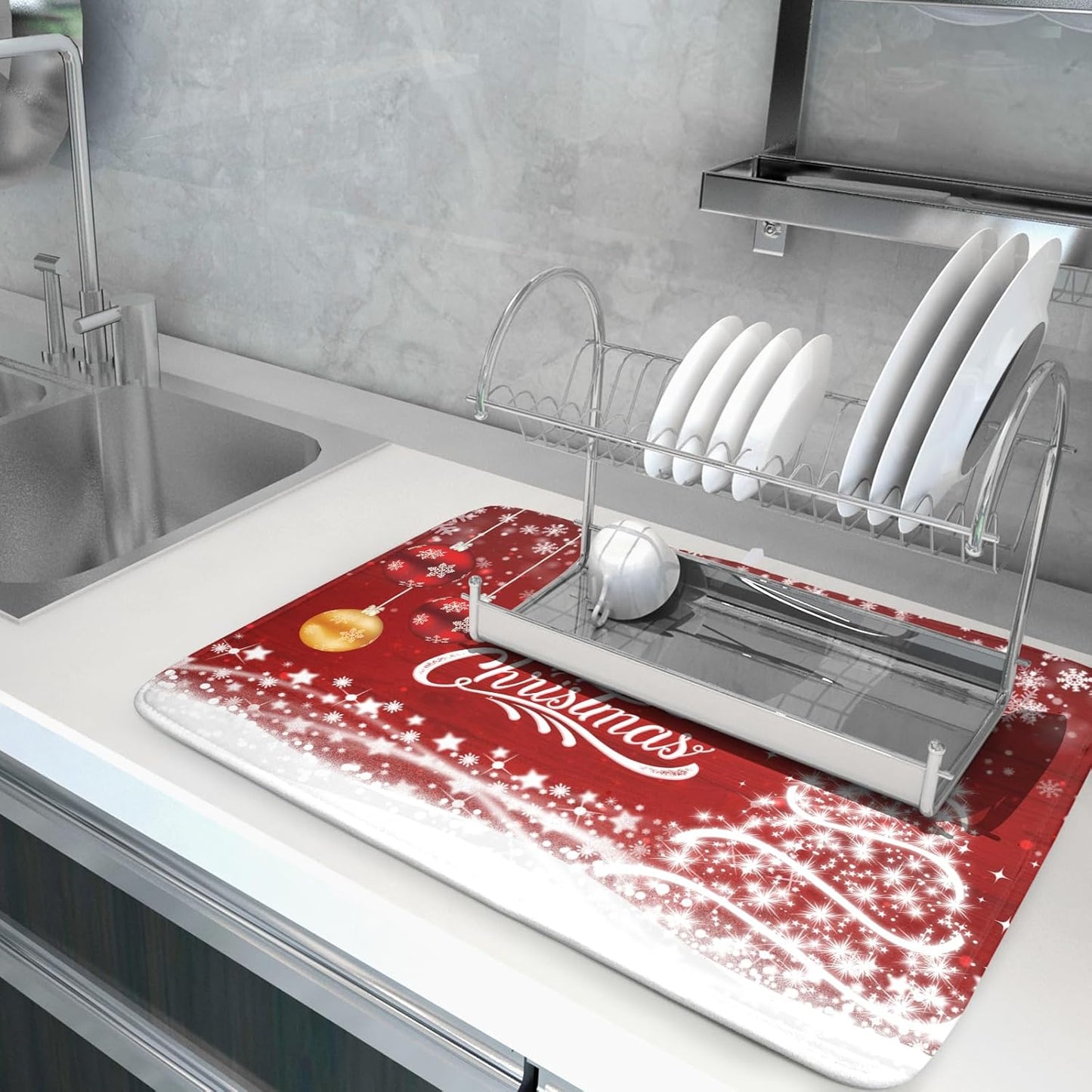 Merry Christmas Dish Drying Mat for Kitchen Counter Winter Snowflake Pine Fast Absorbent Red Drying Mat 16x18 Inch Xmas Jingle Bells Decoration Dishes Pad Dish Drainer Rack Mats Holiday Decor