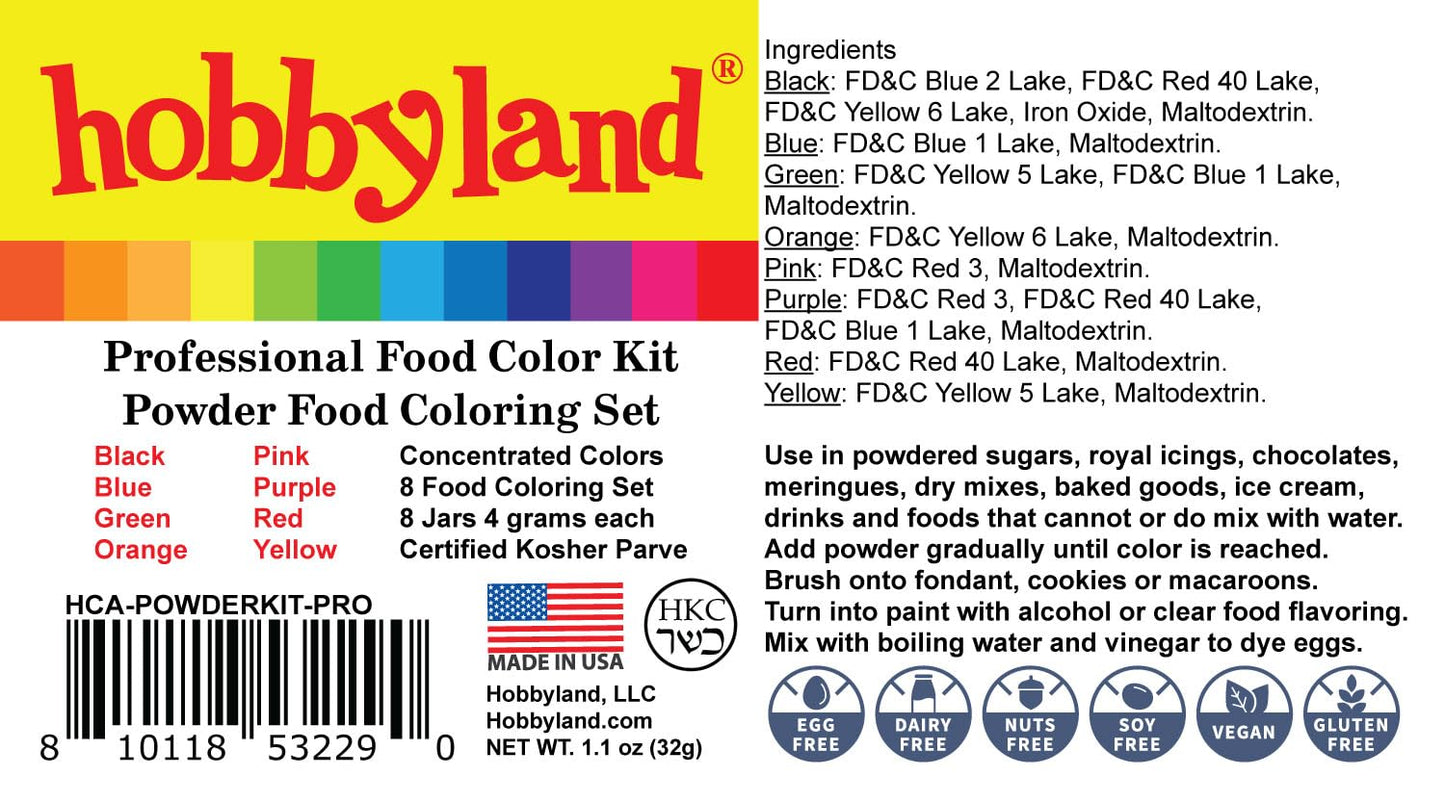 Hobbyland Powder Food Color Kit, Professional Powder Food Coloring Set, 8 Colors, 4 Gram Jars