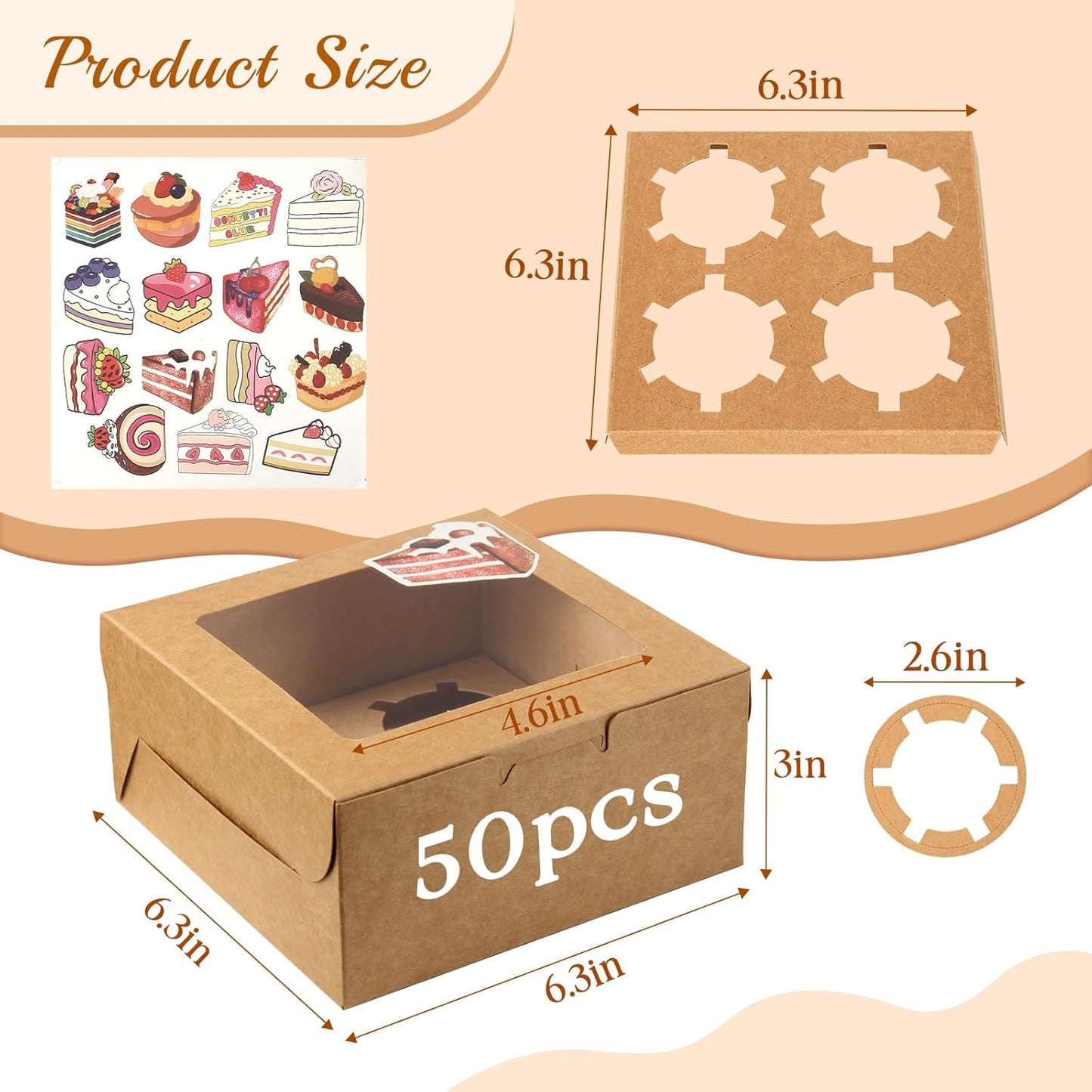 OAMCEG 50 Pack Cookie Boxes with Window, 6x6x3 Inches Brown Bakery Treat Boxes with Stickers & Twine for Pastry, Desserts, Strawberries, Cupcakes, Gift Giving