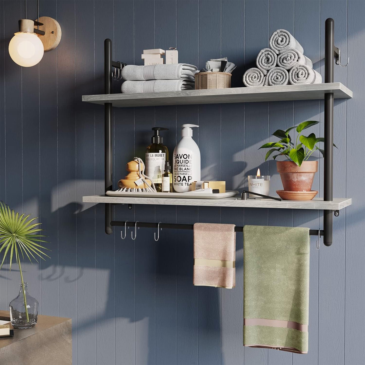 Bestier Pipe Shelf Industrial Floating Shelving 31" Kitchen Wall-Mounted Shelves with 8 Towel Bar Hooks Coffee Bar Shelf Wine Hanging Display Rack Bookshelf Living Room Decor Bathroom-Retro Grey