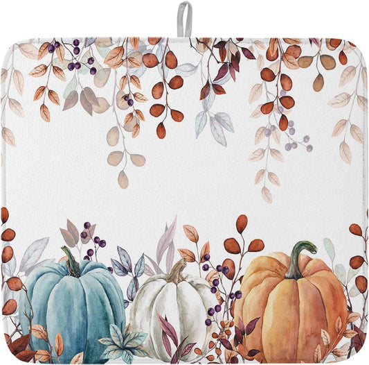 Fall Dish Drying Mat for Kitchen Counter Pumpkin Drying Pad Absorbent Drying Mats for Countertops Sinks Draining Racks Autumn Eucalyptus Leaves Drainer Holiday Harvest Thanksgiving Decorations 18x24