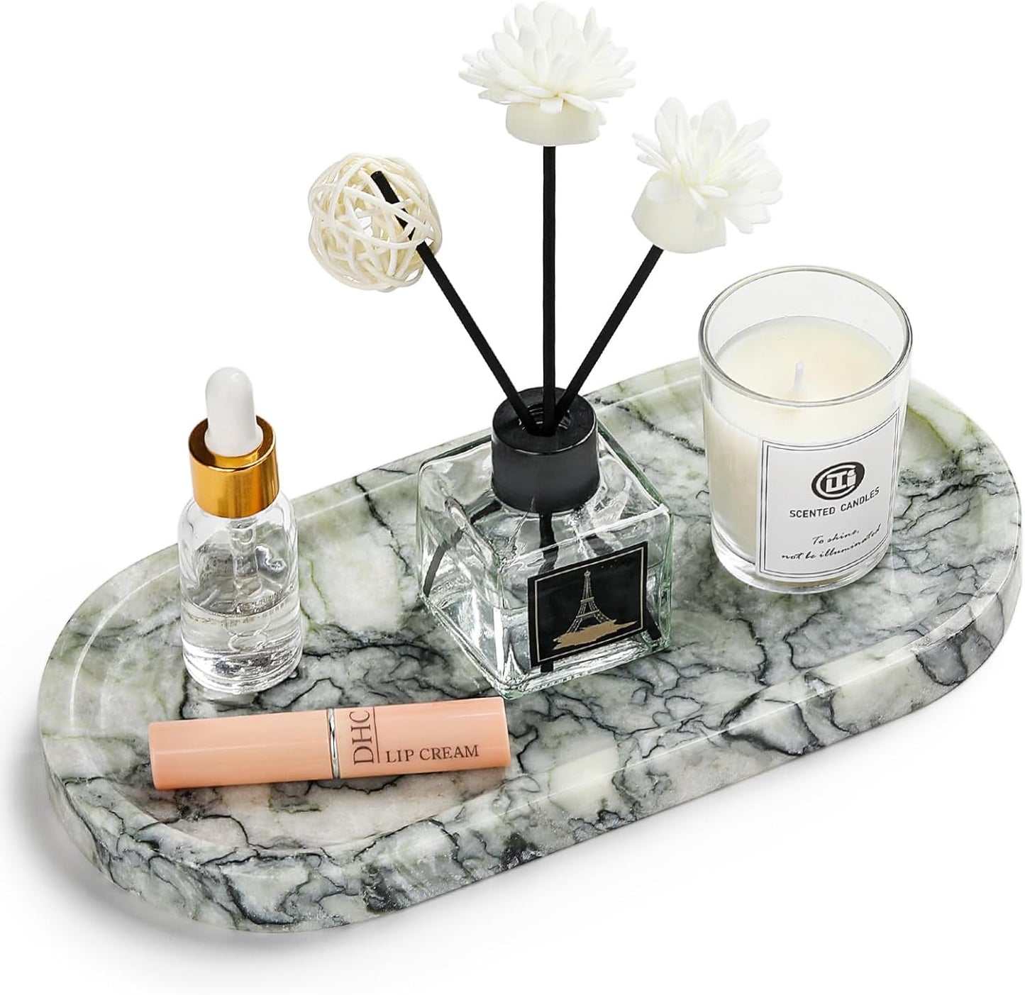 Natural Marble Vanity Tray - Moujings Genuine Marble Perfume Tray for Bathroom Decor, Stone Bathroom Vanity Organizer Tray for Kitchen Counter, Candles, Jewelry, Coffee, Makeup, Key