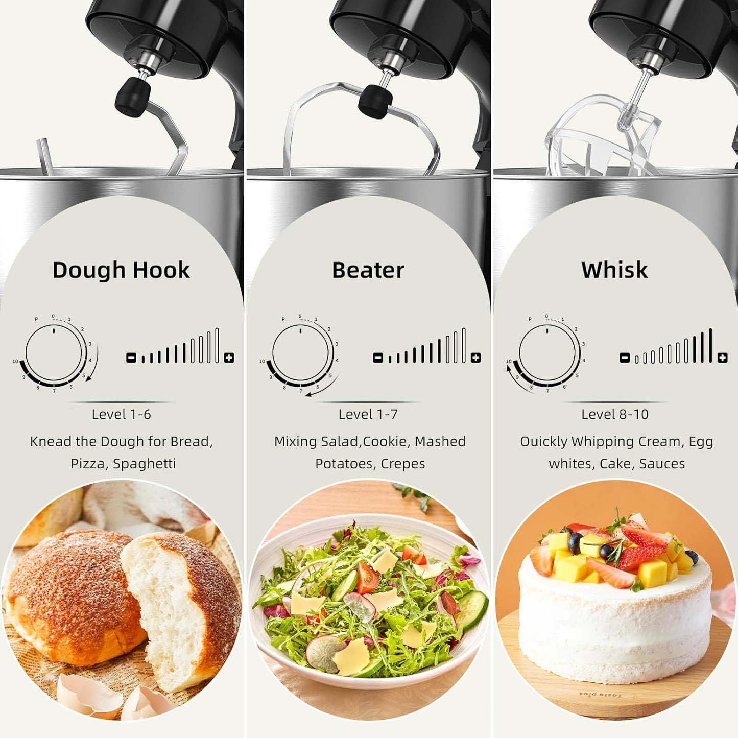 Electric Stand Mixer,10 Speeds Tilt-Head Food Mixer, 3-IN-1 Kitchen Mixer for Daily Cooks with 6.5 QT Bowl,Dough Hook, Beater, Whisk (Onyx Black)