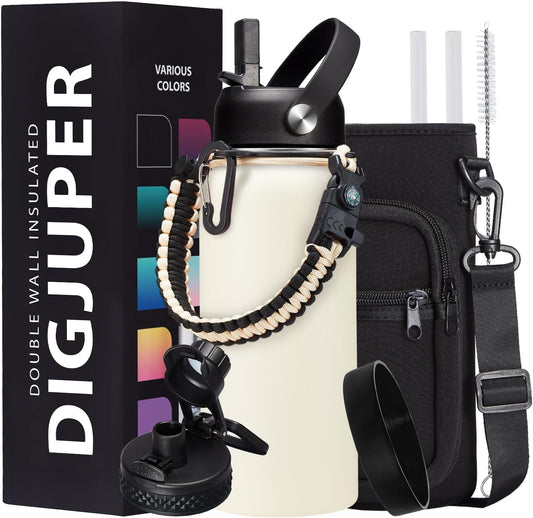 Insulated Water Bottle - 32oz 40oz 64oz Water Bottles with Straw & Spout Lids, Carrier Bag, Paracord Handle and Flask Boot, Reusable Stainless Steel Water Bottle, Metal Canteen Mug for Work