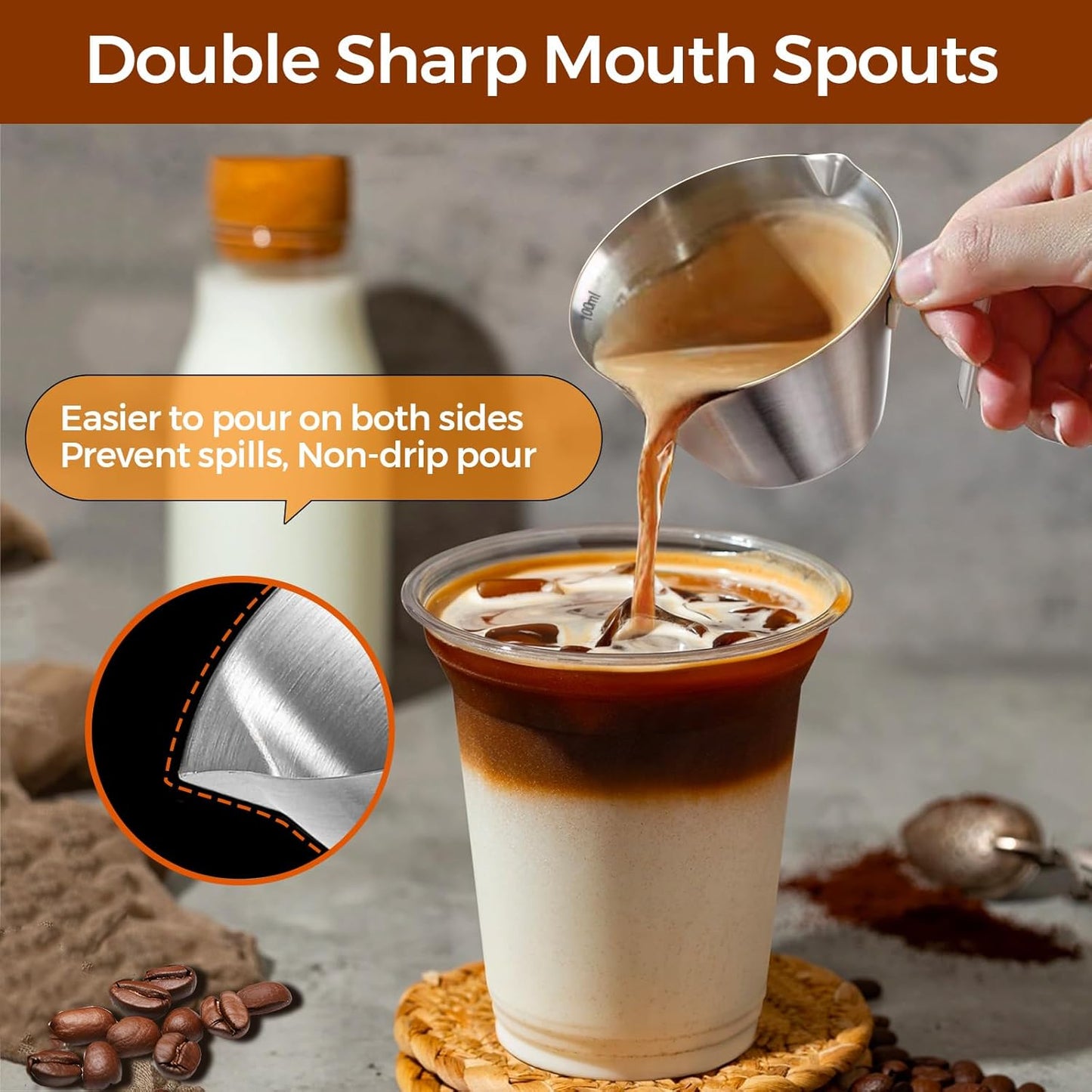 2 Pcs Espresso Cups with Handle, Double Spout Metal Measuring Cup with Dual Scale, Stainless Steel Espresso Shot Cup with V-Shaped Mouth, 3.4oz/100ml(White)