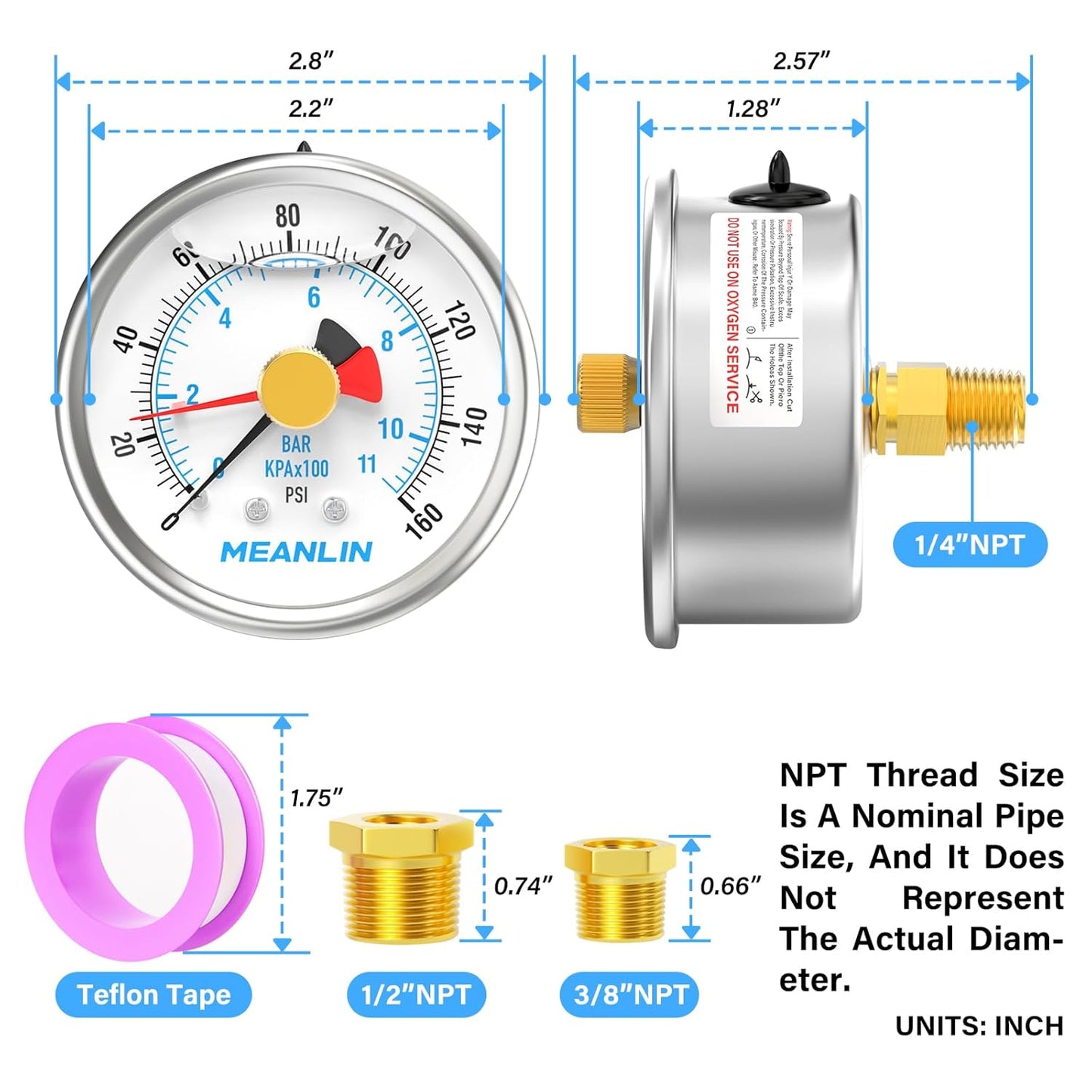 MEANLIN MEASURE 0~160Psi Stainless Steel 1/4" NPT 2.5" FACE DIAL with Reset Pointer Liquid Filled Pressure Gauge WOG Water Oil Air, Back Mount, with Brass Hex Bushing